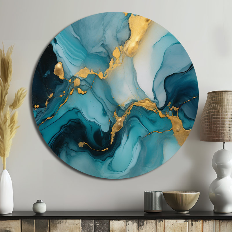 Marbre turquoise infusé d'or II - Art abstrait rond en métal, H 23 po x l 23 po