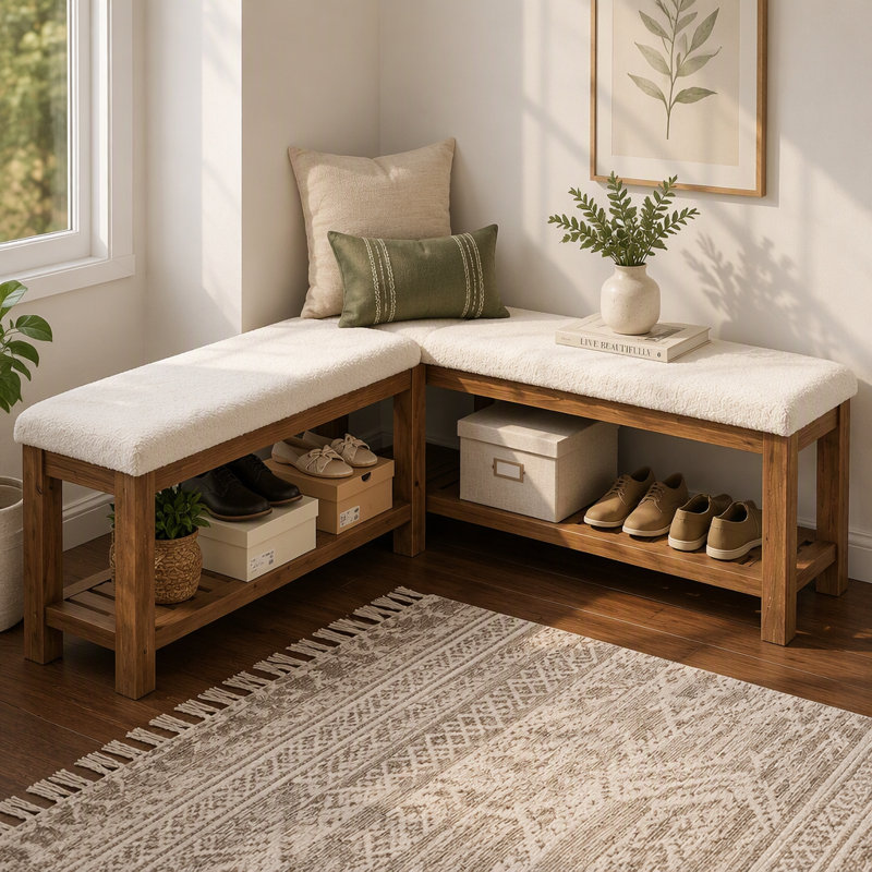 Ensemble de banc d'entrée en bois massif, banc à chaussures en forme de L 55 po avec tablette de rangement