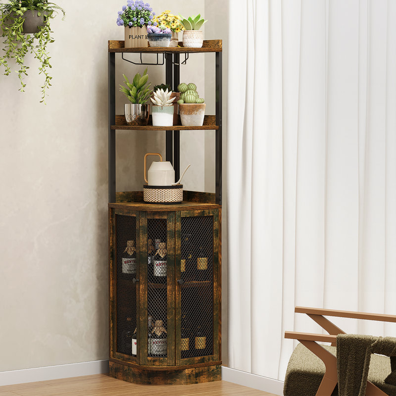 65'' H Corner Bar Cabinet with 5 Tiers, Corner Display Hutch and Glass Storage