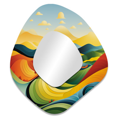 Callender minimaliste multicolore au trait, paysage III - miroir mural de forme unique Meadow, miroir décoratif asymétrique vert, impression sur métal