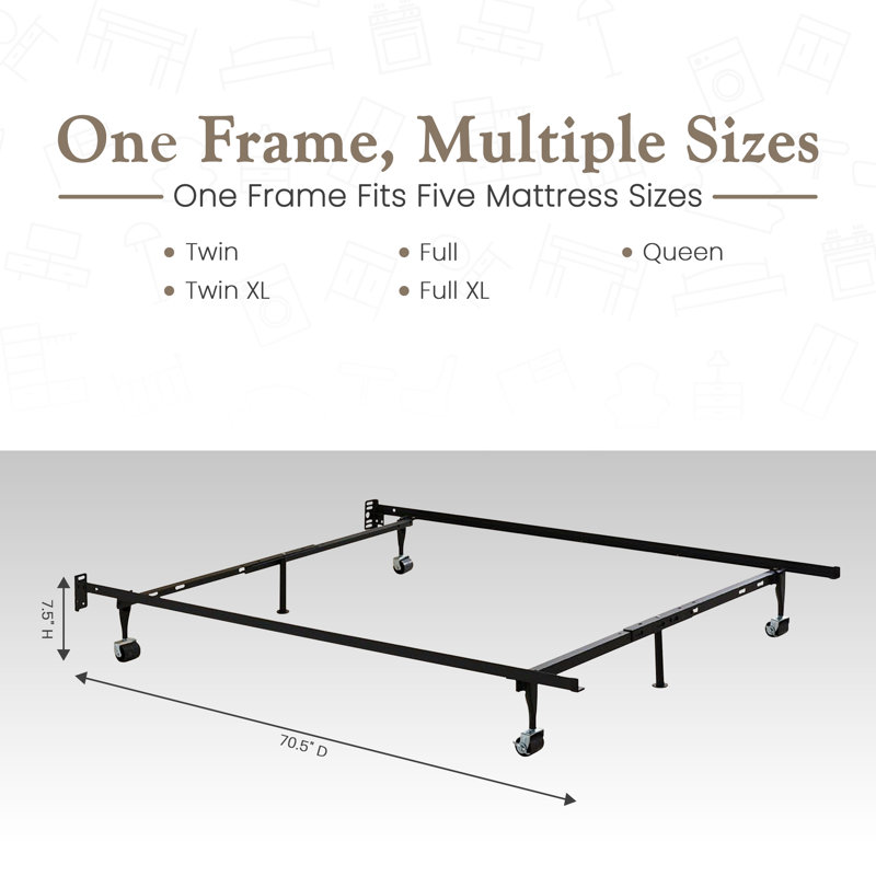 6-Leg Heavy Duty Adjustable Metal Queen, Full, Full XL, Twin, Twin XL, Bed Frame with Rug Rollers & Locking Wheels