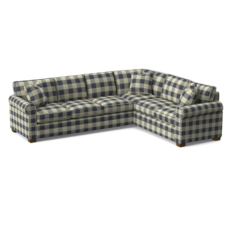 Bedford Upholstered L-Sectional, Havana Finish, Blue Buffalo Check; 0120-61, Right Hand Facing