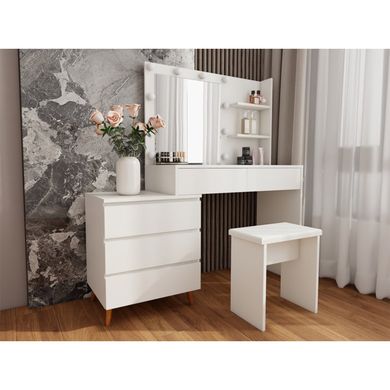 LED Lighted Makeup Vanity Table With Mirror - White Beauty Station With Storage Drawers, Matching Stool, And Organizing Compartments For Makeup Brushes And Cosmetics