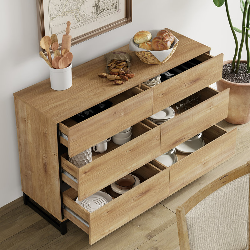 Buffets modernes, buffet avec 6 tiroirs et base en métal, armoire de rangement pour bar et cuisine, Chêne