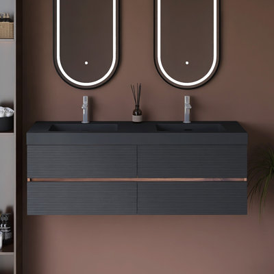 Wall-Mounted Bathroom Vanity With Integrated Solid Surface Basin