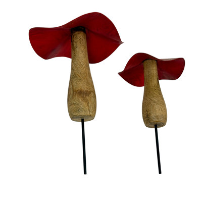 Tuteurs à champignons en métal rouge peint à la main et en bois naturel, lot de 2, hauteur 30 cm