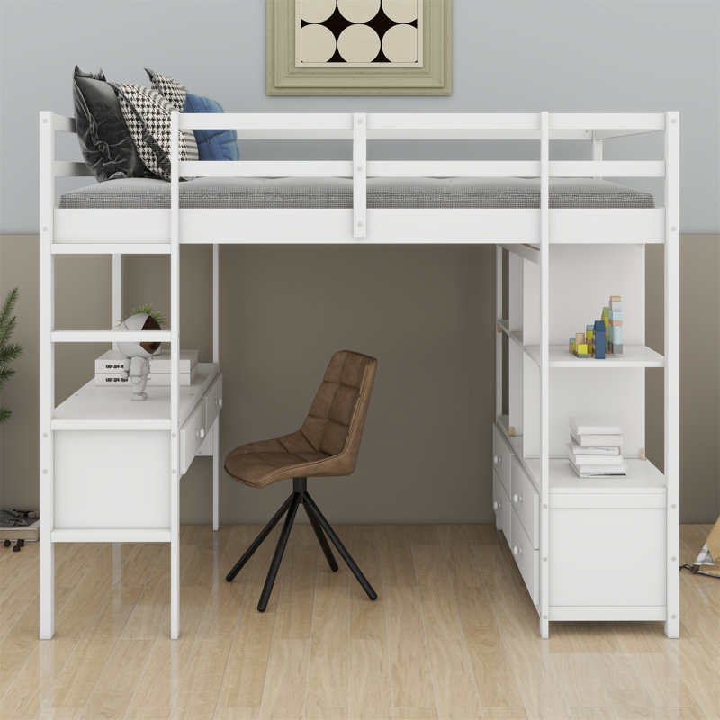 Loft Bed With Built-In Desk With Two Drawers, And Storage Shelves And Drawers, White