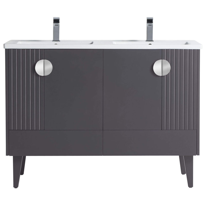 Ensemble de meuble-lavabo double 47 po Saimah, Gris roche, Chrome poli