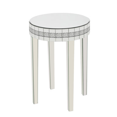 Table d'appoint ronde avec plateau en verre miroir, incrustations de cristal concassé, pieds miroir, structure en MDF, style glamour, idéale pour le salon, la chambre ou l'entrée, et parfaite pour les petits espaces.