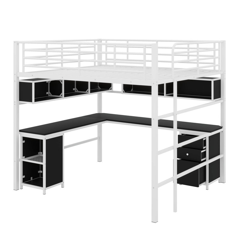 Lit mezzanine double en métal avec bibliothèque, bureau et armoire, Blanc/Noir
