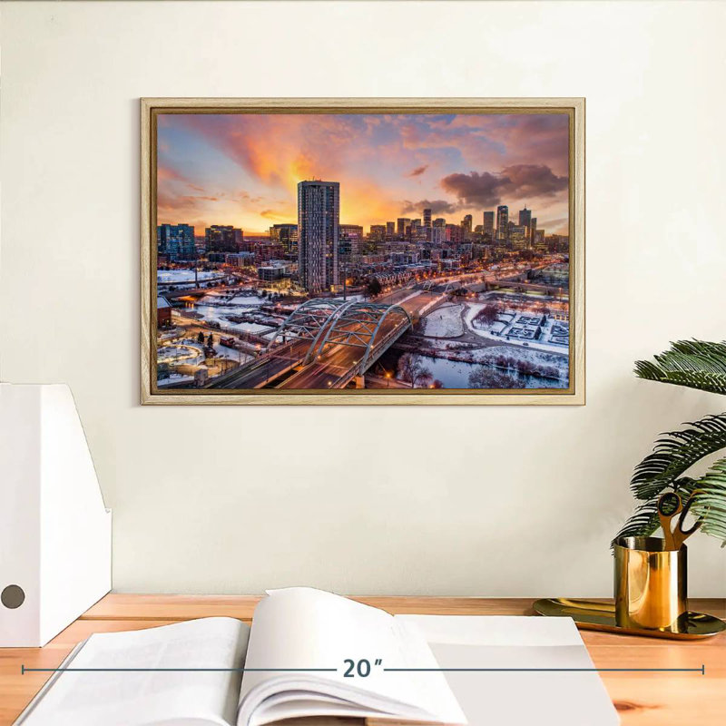 Coucher de soleil d'hiver à Denver, Cadre flottant en bois naturel, 13 po x 9 po