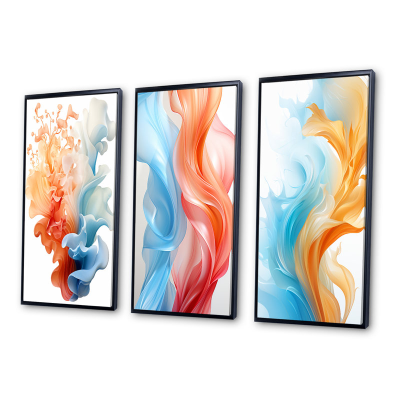 Contemporary Contemporary Waves Abstract Orange and Blue - Art abstrait à l'encre liquide, ensemble de 3 pièces