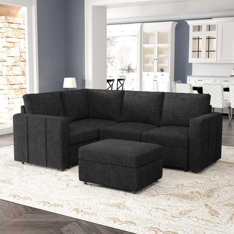 Aubade L-Shape Sectional Sofa Storage Couch With Removable Ottomans, Dark Gray Chenille