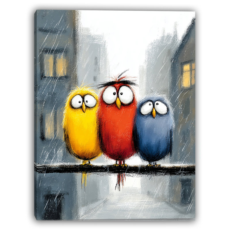 Veille du jour de pluie - oiseaux en bleu, rouge et jaune