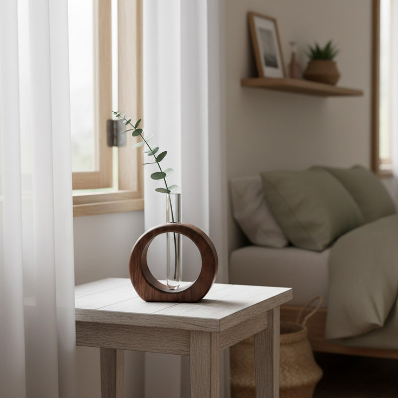 Deilani Glass & Walnut Wood Test Tube Table Vase, 5" H