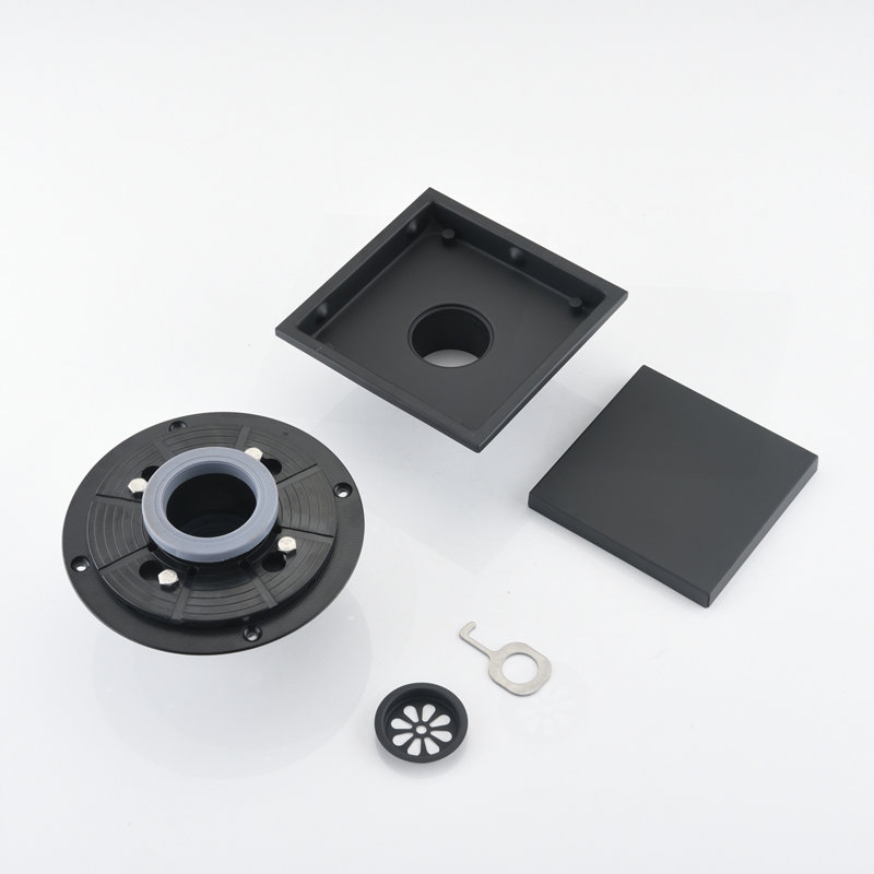 6 Inch Square Shower Floor Drain, Matte Black