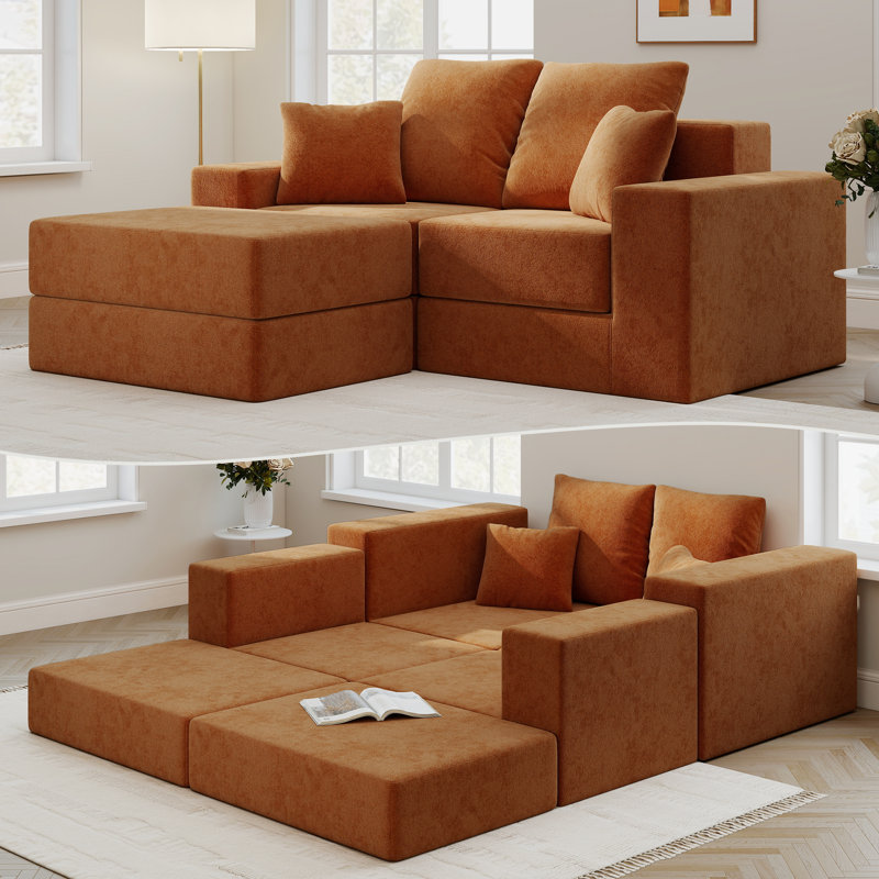 Canapé modulaire escamotable 75 po en velours avec repose-pieds, Velours orange