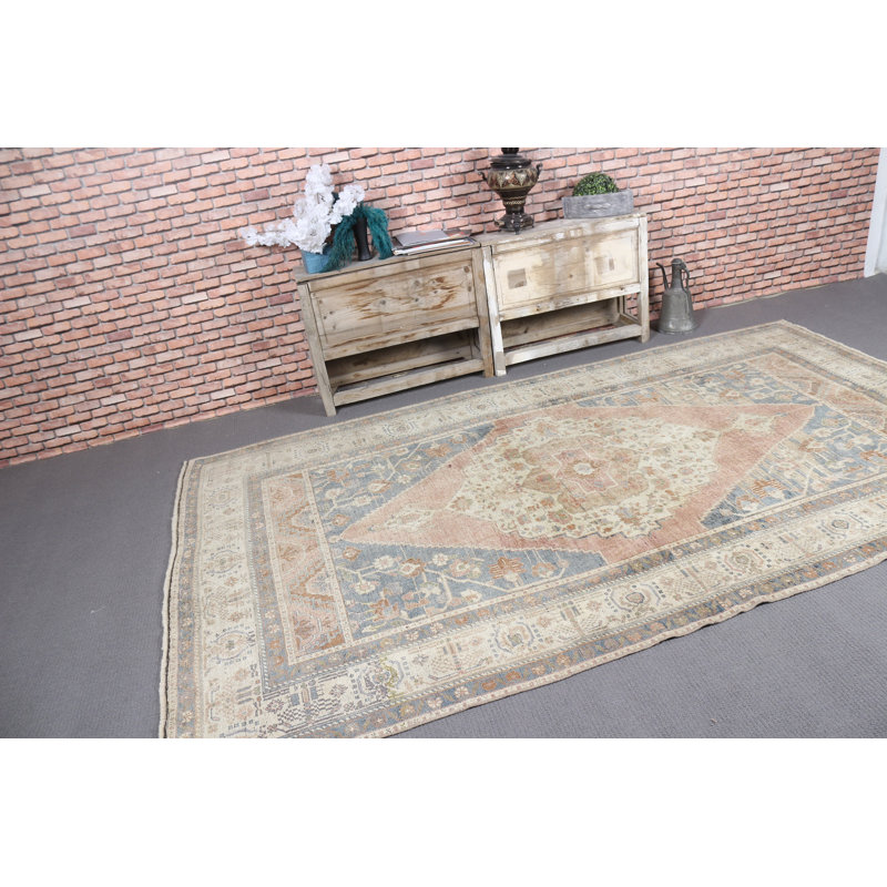 Vintage Turkish Rug in Pastel Beige and Blue Tones with Intricate Geometric Patterns for Bohemian Home Decor