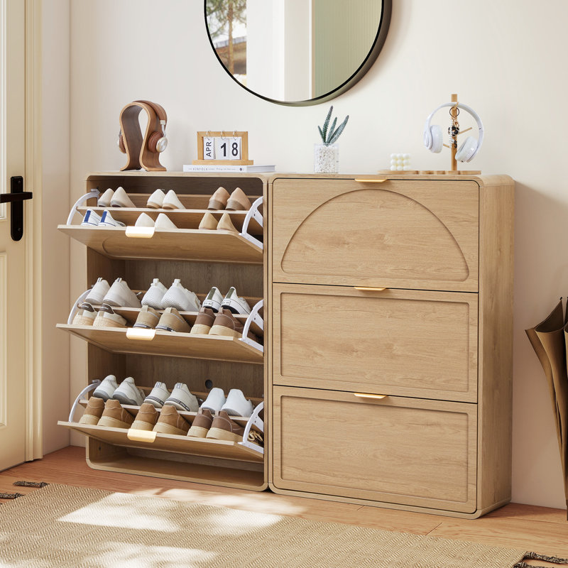 24 Pair Shoe Storage Cabinet With 3 Flip Drawers, Natural