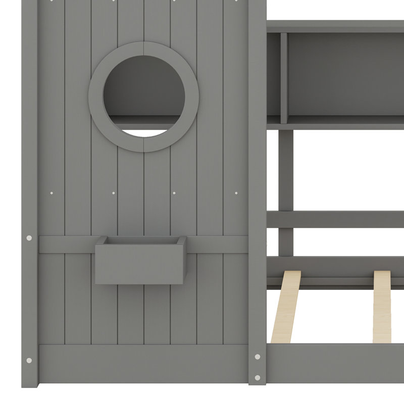 Cadre de lit en bois sur le thème de la maison qui comprend un toit et une tablette de rangement pratique, Lit simple, Gris