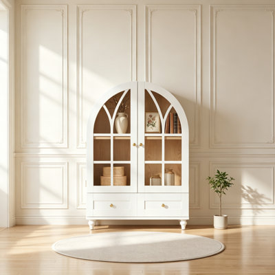 Vitrine arquée avec portes en verre trempé, armoire de rangement en bois avec finition grain de bois naturel, pieds d'appoint en bois massif avec tiroirs pour le salon, la salle à manger, le bureau