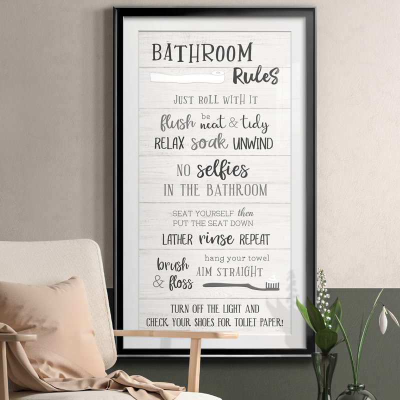 "Bathroom Rules" - Art textuel avec cadre photo, H 22,5 po x l 42,5 po x P 1,5 po, Noir
