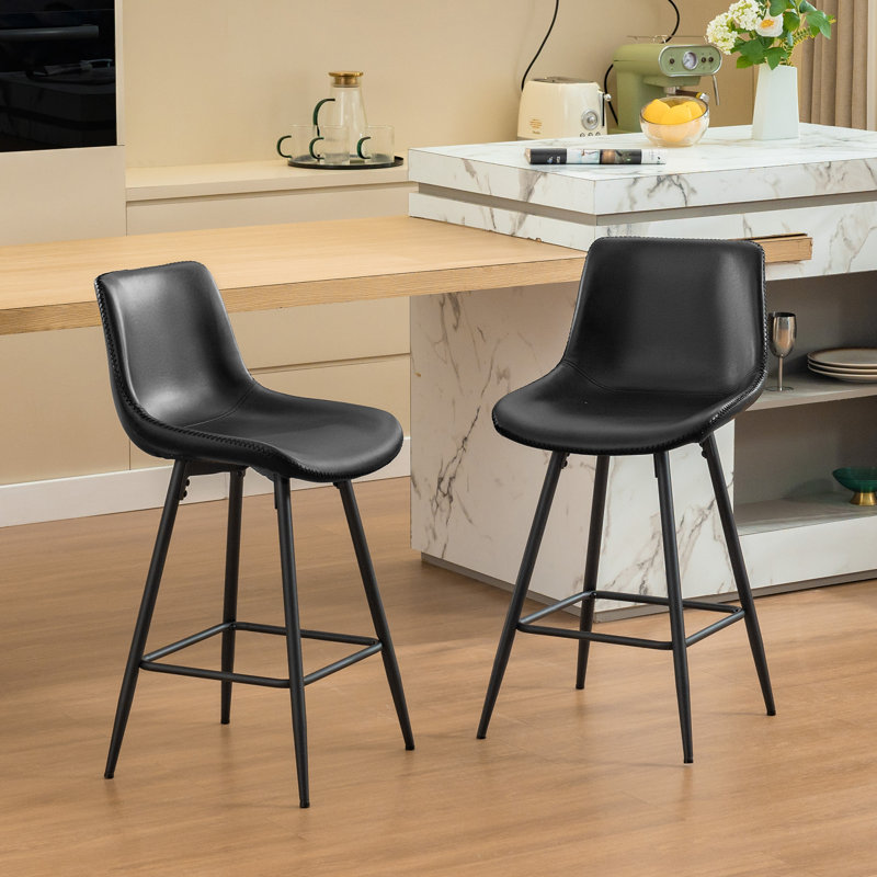 Faux Leather Modern Low Back Counter Stool, Black, Counter Stool (24" Seat Height), 2