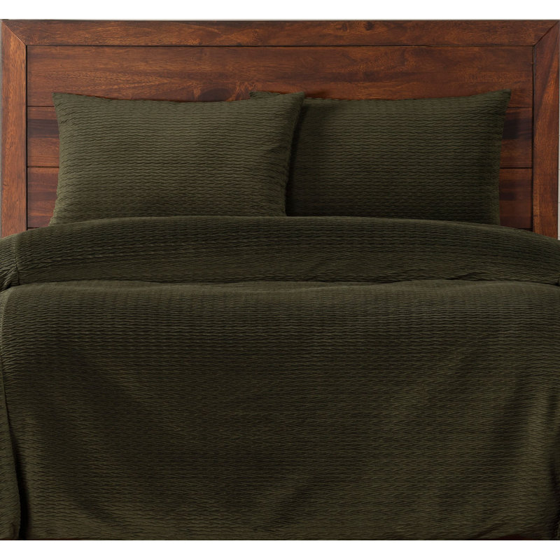 Velvet Chevron Pleated Moss Green Duvet Cover Set, Twin Duvet Cover + 1 Standard Sham