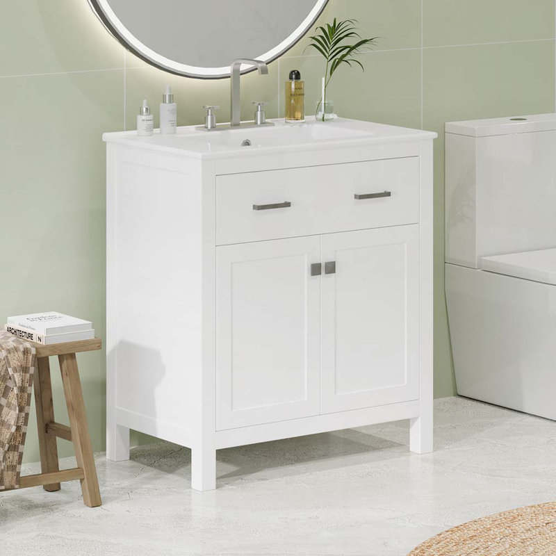 Meuble-lavabo de salle de bain avec lavabo en céramique, 2 portes et une tablette, Argent argent, Blanc