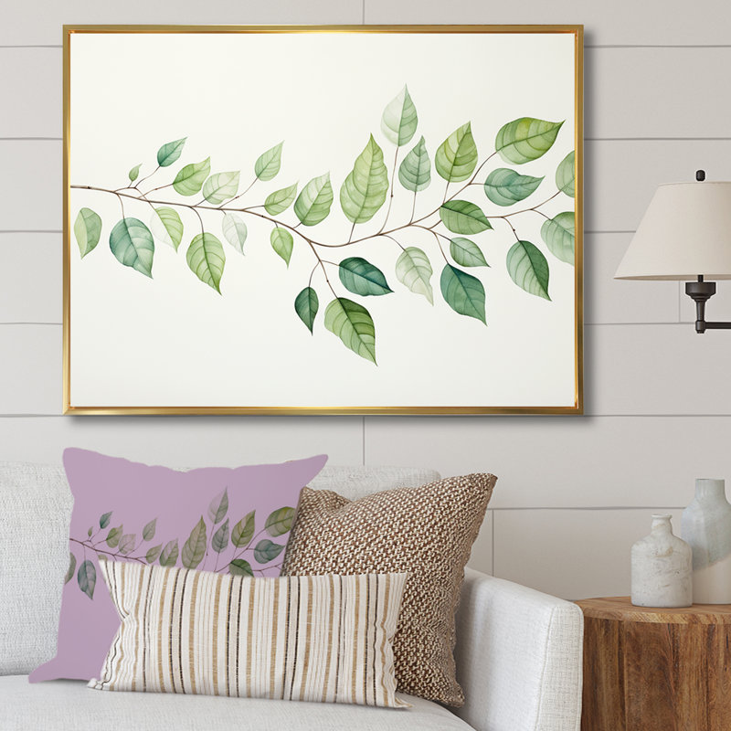 Feuilles vertes, charme minimaliste sur toile, Cadre flottant doré, H 16 po x l 32 po x P 1 po
