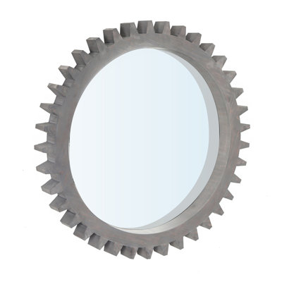 Vintage 34'' x 34'' Wood Round Hanging Gear Shape Heavy Decorative Mirror For Bathroom Living Room Entryway Or Put Together To Your Liking(Antique Dark Brown)