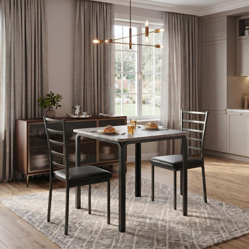 3-Piece Dining Table Set Home Bar Table Set with Cushioned Chairs for Small Space, Gray