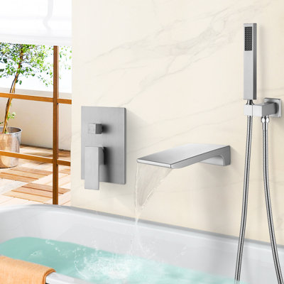 Solid Brass Waterfall Bathtub Faucets with Anti-Scald Pressure Balance Valve, Wall Mounted Tub Spout with Handshower