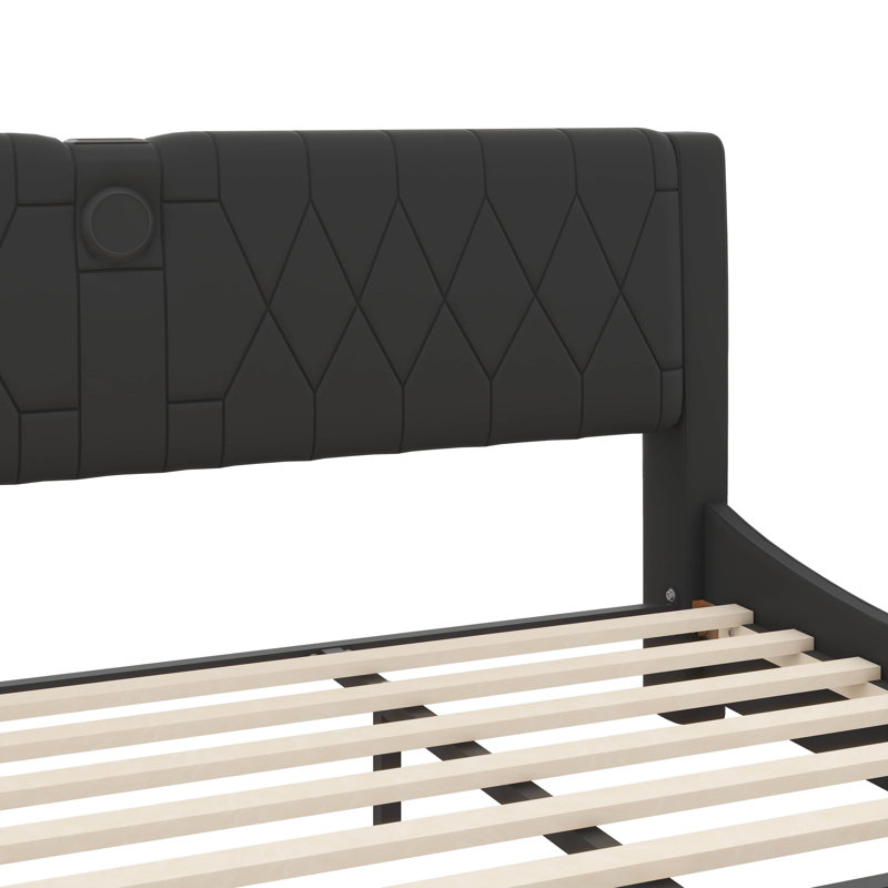 Lit luxueux en similicuir à profil bas avec audio Bluetooth et lumière DEL RVB, Noir, Très grand lit