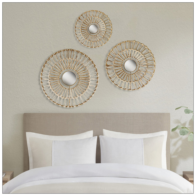 Round Natural Fiber And Mirror 3-Piece Wall Decor Set