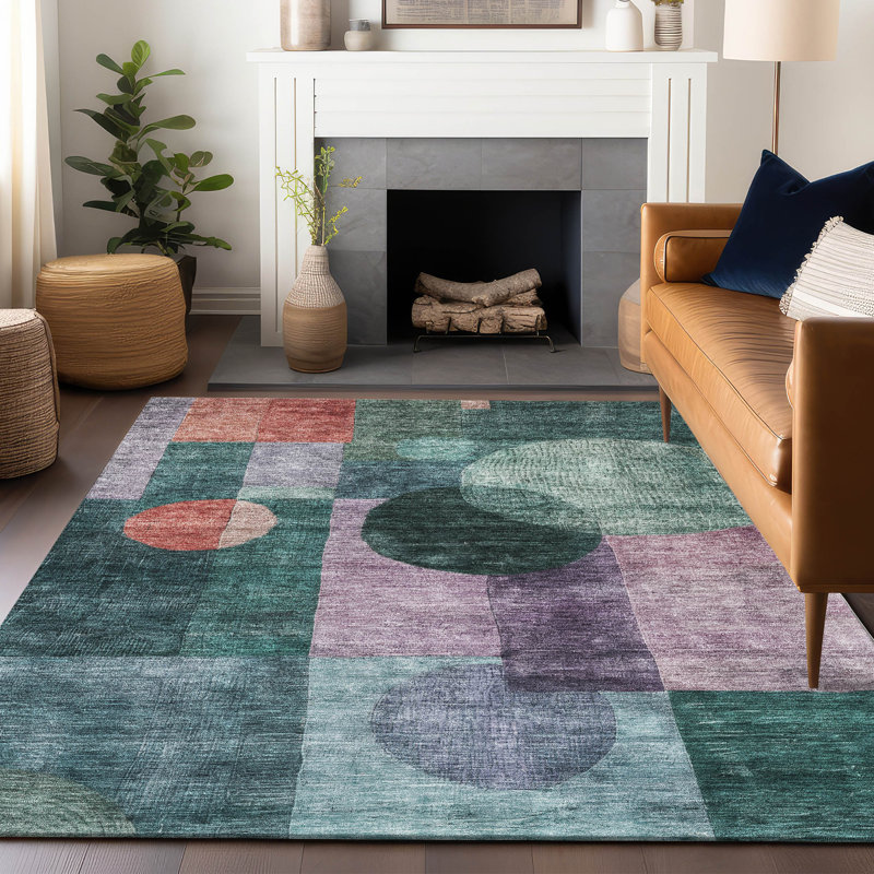 Green Geometric Flat Woven Synthetic Washable Rug 3' x 5'