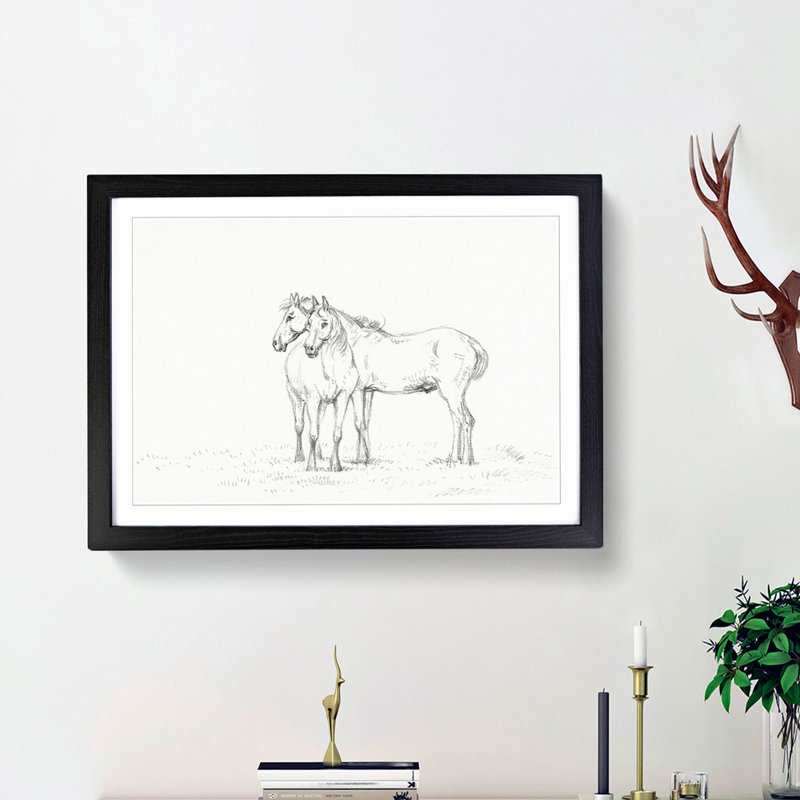Sketch of Two Horses by Jean Bernard - Picture Frame Drawing Print, 36cm H x 48cm W x 2cm D, Black Framed