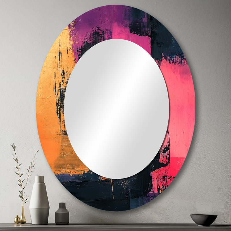 Blakc And Pink Meet In Dream I - Abstract Oval Decorative Mirror On Metal, 43" x 33"