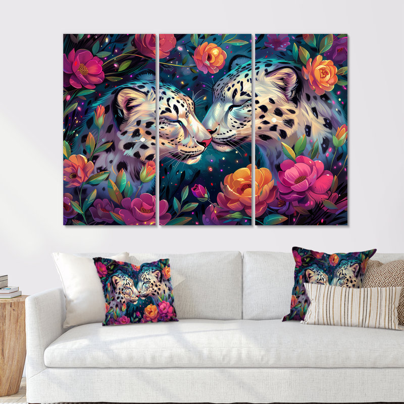 «White Leopard Love Flower Blooms» - Ensemble de décoration murale léopard / guépard, Métal métal, H 28 po x l 36 po x P 1 po