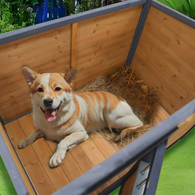 45"Large Solid Wood Dog House, Waterproof PVC Plastic Roof, Breathable Wooden Doors