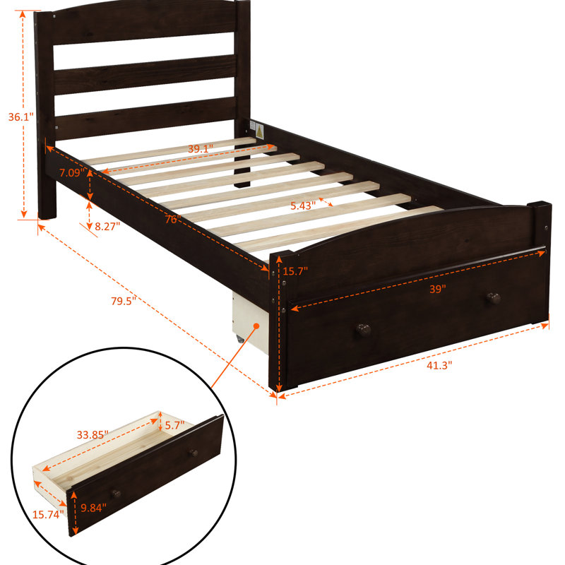 Structure de lit simple, 10 lattes de bois pour un support de matelas fiable, tiroir de rangement avec cadre de manipulation facile, circulation d'air et longévité, literie