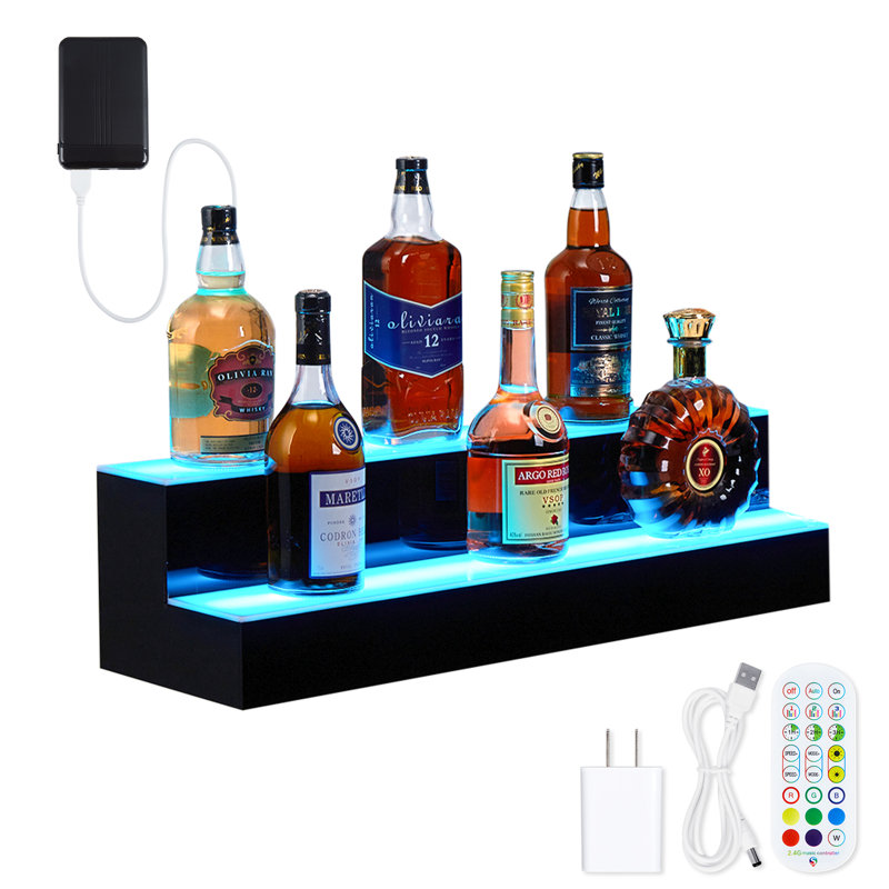 Tablette de présentation de 30 pouces à 2 niveaux pour bouteilles de boissons alcoolisées, tablette de bar murale éclairée avec télécommande