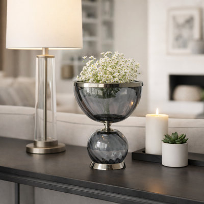 Elegant Round Glass Vase with Metal Rim for Home Accent - Tall Table Vase Accent for Flower Arrangements & Living Room Decor - Gray & Silver