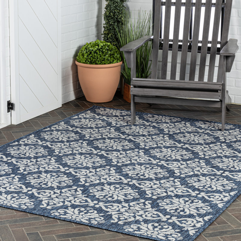 Amora Traditional Mediterranean Tile Design Navy/Cream Indoor/Outdoor Rug, Rectangle 7'10" x 10'