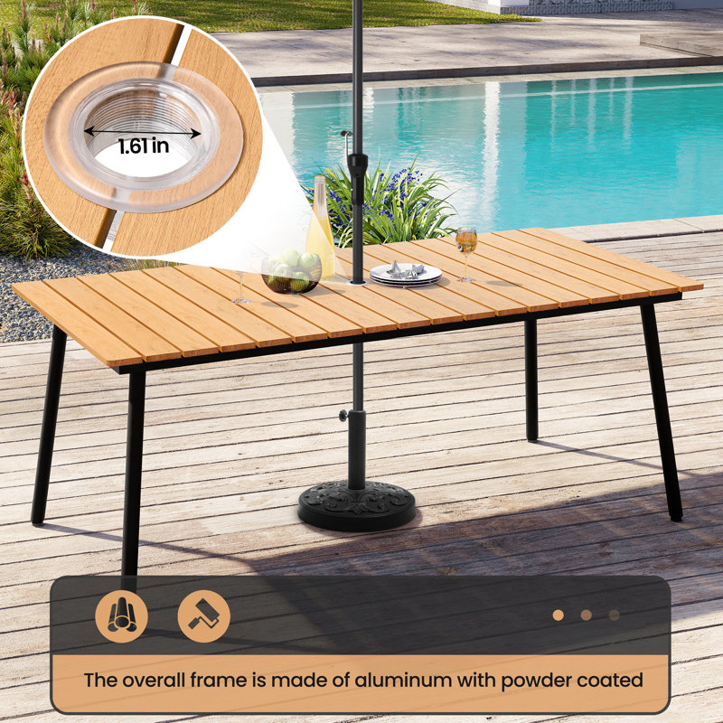 Table de salle à manger de patio avec trou pour parasol et structure en aluminium, Brun, H 29,13 po x L 70,87 po x l 33,07 po