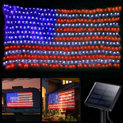 Solar American Flag Lights Outdoor, 420 LEDs Net Lights 6.5ft x 3.28ft, Solar & USB Powered, 8 Modes, Waterproof IP65, Auto On/Off, USA Flag Decorations for Independence Day, Memorial Day, July 4th