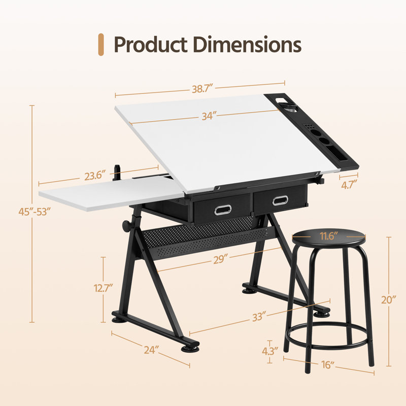 Ensemble de table à dessin et tabouret avec angles et hauteurs de table réglables, Blanc