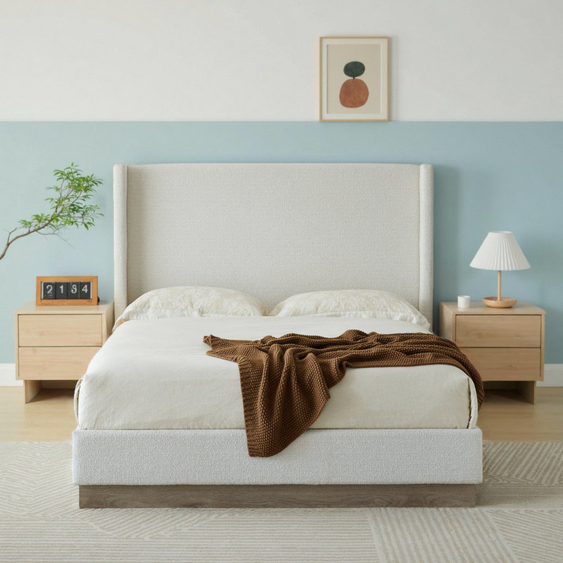 Grand lit à oreilles tapissier 53,1 po - Base en bois rustique avec tissu bouclé, Grand lit