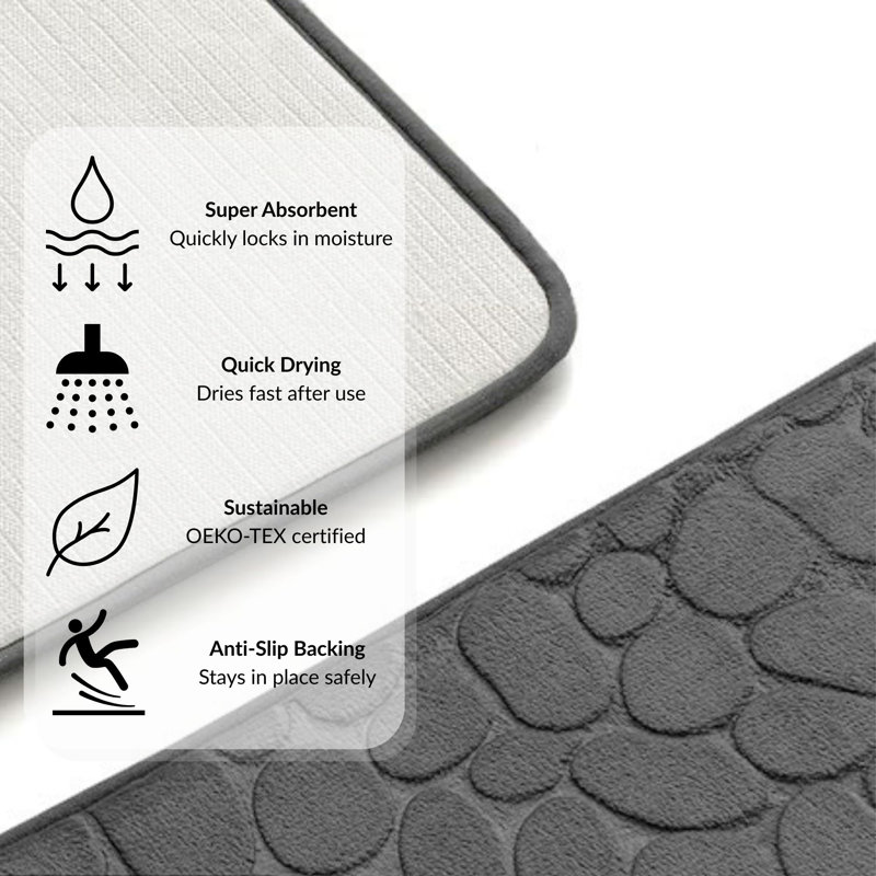 Dark Gray Memory Foam Geometric Shower Mat with Textured Accent
