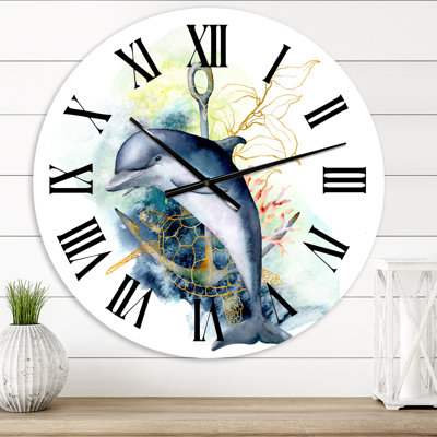 Dolphin Turtle Anchor & Linear Coral Reef Plants - Nautical & Coastal wall clock